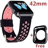 WISHTA 42mm Soft Silicone Watch Band with Ventilation Holes Quick Release Replacement Wrist Strap for Apple iWatch Nike+, Series 2, Series 1, Sport, Edition (Black/Pink)