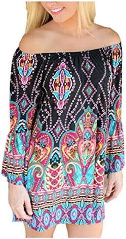Herina Women Summer Bohemian Pattern Printed Off Shoulder Beach Dress. Beach Tunic Dresses. (M, Color 4)