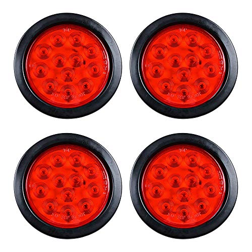 4Pcs 4 Inch Round Led Trailer Tail Lights Red 12 LED Waterproof 4″ Brake Stop Turn Tail Marker Trailer Lights Sealed Flush Mount for Truck Trailer RV Boat Jeep UTE UTV 12V Grommet and Plug Included