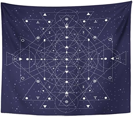 Tapestry Alchemy White Abstract Sacred Geometry with Triangles Geometrical Shapes on Dark Night Sky Mandala Home Decor Wall Hanging for Living Room Bedroom Dorm 40x50 Inches