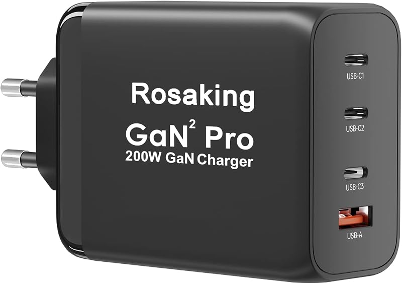 USB C Ladegerät 200W, GaN III Tech Schnellladegerät, 4 Häfen USB C Schnellladegerät für MacBook Air, Ladegerät USB C kompatibel mit Samsung Galaxy Book