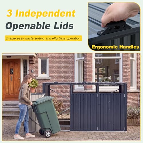 Goplus 7.8 x 2.6 FT Outdoor Trash Can Storage, 3-Bin Metal Garbage Shed with Flip-Up Lids & Lockable Doors, Galvanized Steel Utility Enclosure for Garden Tools Equipment, Patio, Backyard & Yard