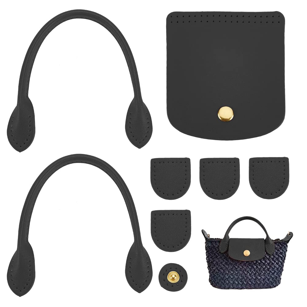 WADORN 8pcs PU Leather Handbag Knitting Kits, DIY Crochet Bag Making Including Sew on Bag Handles Snap Button Bag Covers Handmade Craft Shoulder Bag Making Accessories, Black