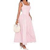 ChiaoLezhee Plaid Maxi Dress, A-Line Drop-Waist, Wedding Guest Tea Party, Pastel Gingham Square Neck Flowy Semi Formal