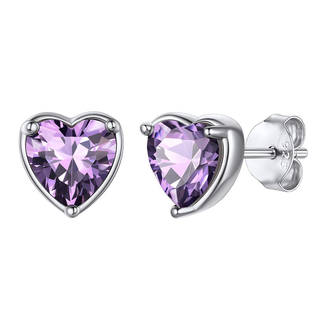 Silvora Sterling Silver Heart Stud Earrings for Women with Cubic Zirconia Birthstone Hypoallergenic Jewellery Gifts for Ladies Mum Girls
