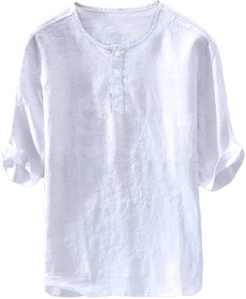 Mens Linen Henley Shirt Short Sleeve Summer Casual Lightweight Plain