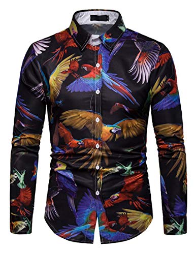 X-Future Men's Formal 3D Print Long Sleeve Floral Parrot Casual Button Down Blouse Shirts Tops XXL