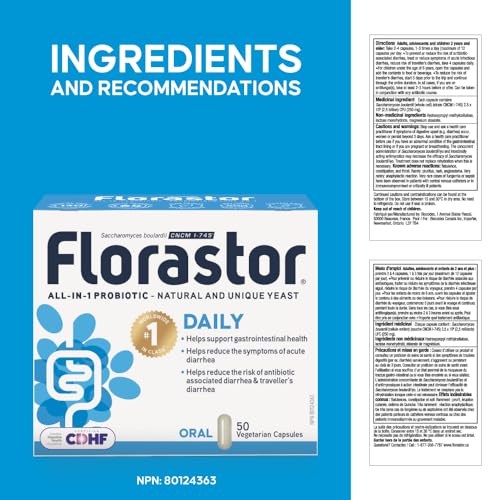 Florastor - Saccharomyces Boulardii CNCM I-745 - Daily All in One Probiotic - Gut Health & Digestive Support - Supports Immune System - The 1 Probiotic in class Worldwide - For Adults & Family 50 caps