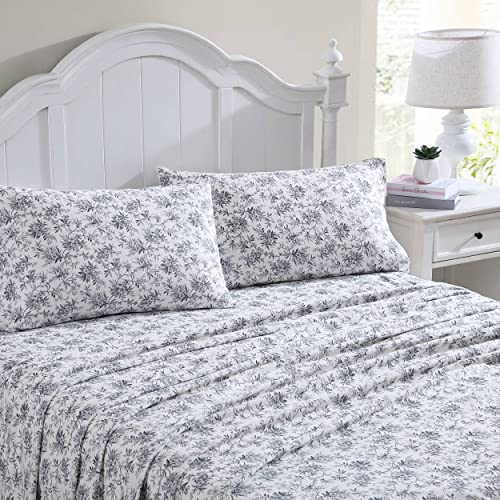 Laura Ashley Home - King Sheets, Cotton Flannel Bedding Set, Brushed for Extra Softness & Comfort (Black Faye Toile, 4 pcs, King)
