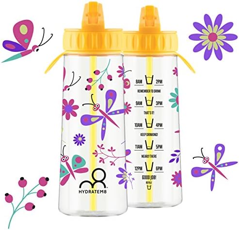 HYDRATEM8 Yellow Kids Water Bottle ‘Butterflies’ with Hydration Tracker 600ml, BPA Free