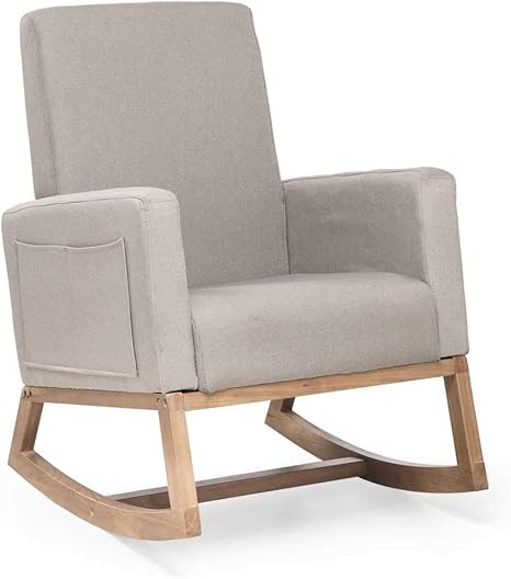 Amazon Com Wood Rocking Chair Upholstered Fabric Modern Rocking Chair Padded Seat Nursery Rocking Chair For Indoor Living Room Chair Leg Light Wood Kitchen Dining