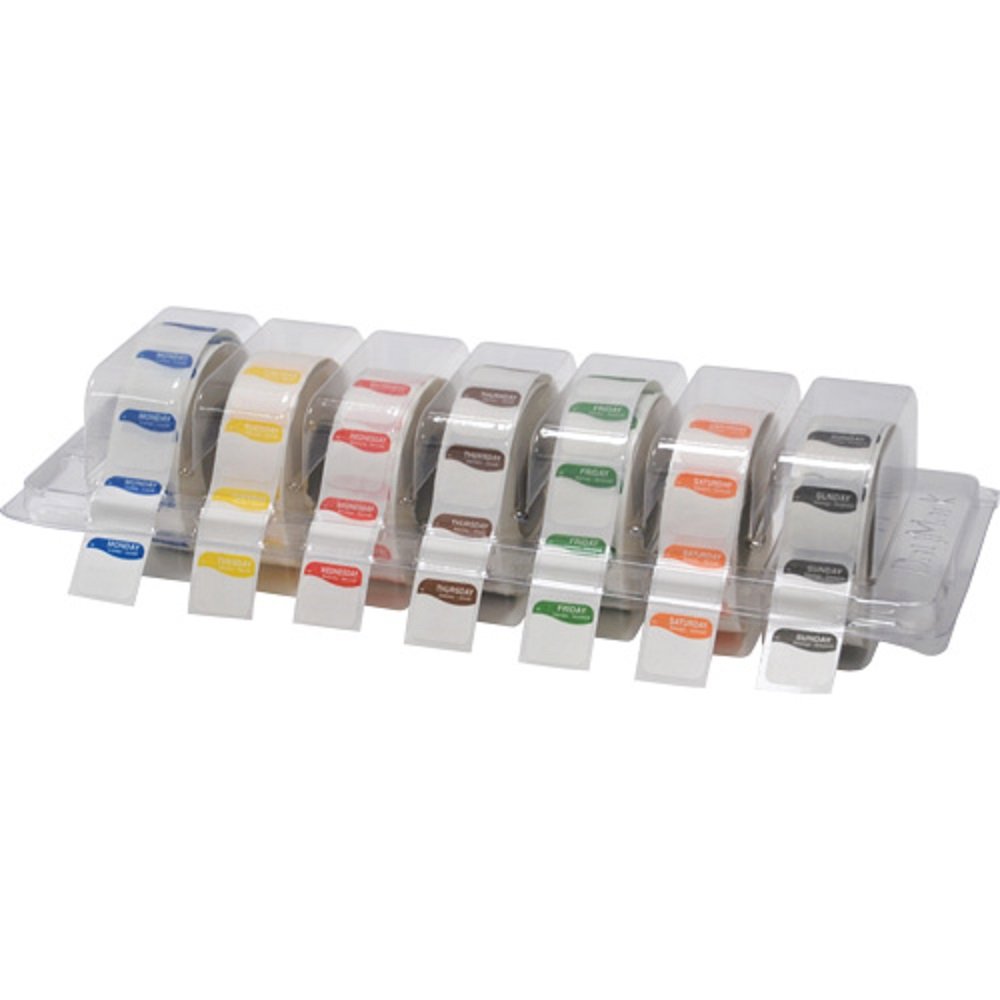 Daymark days of the week labels with dispenser 19mm x 19mm square Labels DuraMark all 7 days included 1000 labels per roll. food rotational labeling, food labels