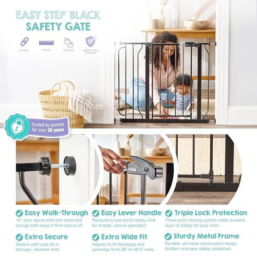 Regalo Safety Easy Step Baby Gate for Doorways & Bottom of Stairs, Fits Openings 29-37.6" (Extension Included) Pressure Mounted for Babies, Toddlers & Pets, Black