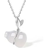 ZHOU LIU FU Gourd Silver Necklace Cultural Blessings White Chalcedony Wulu Pendant Necklace Feng Shui Charm Jewelry Gift for Women Lover Anniversary 40+5cm/15.7+2"