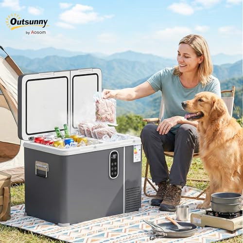 Outsunny 12 Volt Car Refrigerator, Dual Zone 48QT Car Fridge with App Control, 12/24V DC and 100-240V AC, -4℉-68℉, Portable Freezer Compressor for Travel, Truck, Campervan, RV