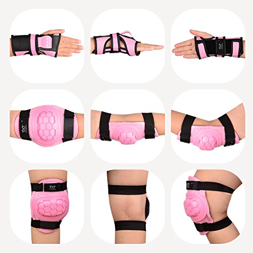 Boruizhen Child Kids 3 in 1 Skateboard Protective Gear Set Knee Pads Elbow Pads Wrist Guards for Cycling,Skating,Scooter,Inline Rollerblading,BMX,Rock Climbing Sports (Pink, Medium)