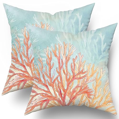 Photo 1 of Giwawa Coastal Coral Throw Pillow Covers 16x16 Set of 2, Retro Vibe Pillow Cushion Cases, Modern Decorative Square Pillowcases for Sofa Couch Bedroom Living Room Car