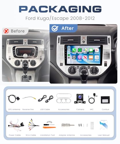 6G+128G 8 Core Android Autoradio per Ford Kuga/Escape 2008-2012, 9 Pollici Schermo Carplay Android Auto Senza Fili Bluetooth FM/RDS/EQ/DSP WiFi GPS Panoramica a 360° Comandi al Volante Retrocamera