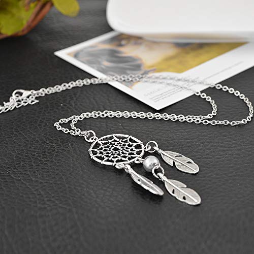 MJartoria Women's Dangling Feather White Charms Filigree Tribal Dreamcatcher Pendant Chain Necklace - Thumbnail 3