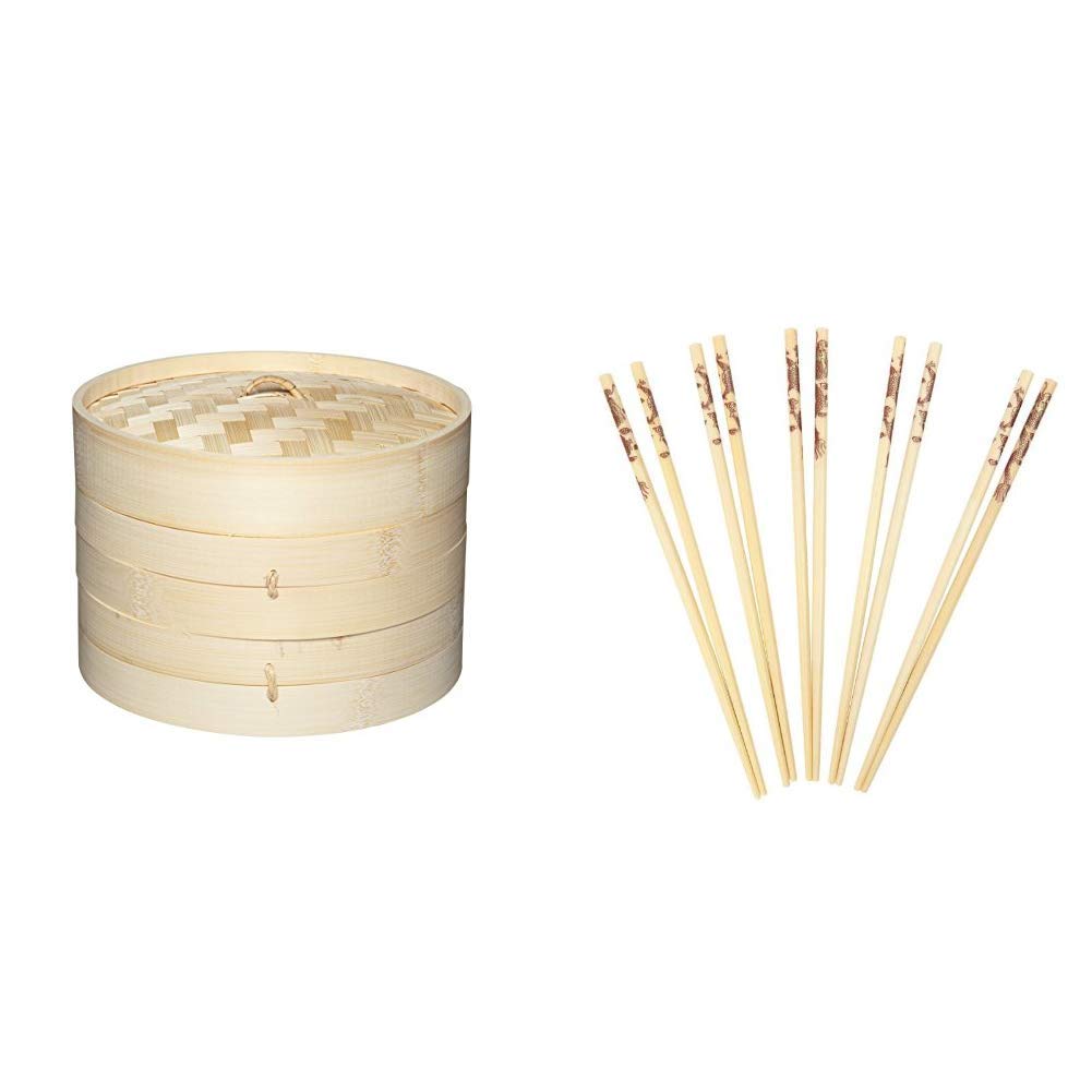 KitchenCraft World of Flavours Bamboo Steamer Basket, 2 Tier, 20 cm & Dexam Bamboo Chopsticks with Dragon Print Pack of 10 pairs