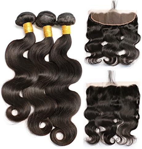 JK Brazilian Virgin Human Hair 3 Bundles with Frontal Closure Unprocessed 100% Body Wave Remy Human Hair Bundles with 13X4 Free Part Full Lace Frontal Closure Bleached Knots(16 18 20 With 14 Frontal)