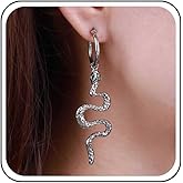 Yheakne Vintage Snake Huggie Hoop Earrings Silver Snake Drop Dangle Earring Punk Serpent Dangle Hoop Earing Long Serpent Earrings Animal Earrings Jewelry for Women (Silver A)