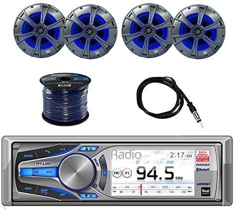 Dual Mechless Bluetooth Receiver iPod/iPhone Control with Dual 6.5 2-way Marine Speakers W/ Blue Light LED Illumination 2-Pairs, Enrock Audio Marine Grade 50' 16G Speaker Wire &amp; Enrock Marine Antenna