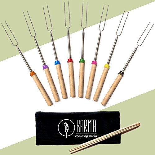 Marshmallow Roasting Sticks – Premium Bundle of 8 Smores Skewers For Camping, Kids Cooking, Outdoor Fireplace & Outdoor Cooking. BONUS – FREE Travel Bag + 10 Bamboo skewers. Start Roasting NOW!