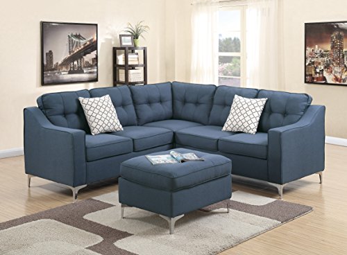 Modern Modular 4pcs L-shaped Sectional Sofa Bobkona Navy Tufted Polyfiber LAF & RAF One Arm Love-seat Corner Wedge Ottoman Living Room