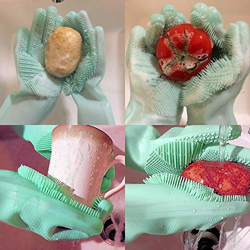 Silicone Scrubbing Dishwashing Magic Gloves- Non-Slip Kitchen Cleaning Silicon Reusable Sponge Gloves with Rubber Scrubber,Work Great for Washing Dish,Car,Bathing Pet(Upgrade Version)