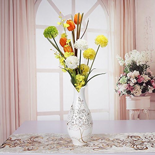Elegantime Porcelain 14" High Diamond Vase Trimmed with Gold Floral Pattern, V Shaped Top Opening, Perfect for Wedding, Party &amp; Home Décor