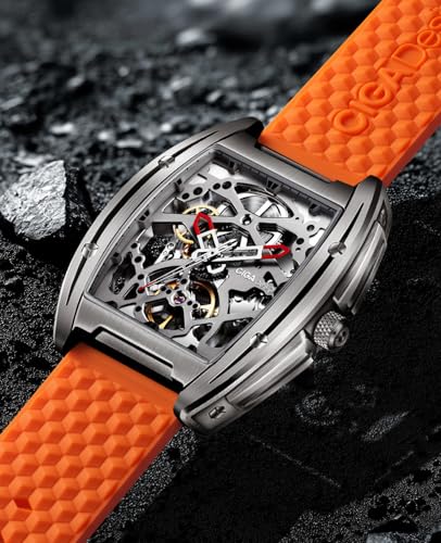 CIGA Design Z Series Automatic Mechanical Watch, Luxury Skeleton Tonneau-Shaped Business Dress Watch, with Silicone/Stainless Steel Strap, Gift for Men and Women