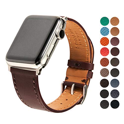 SONAMU New York Compatible with Apple Watch Band 42mm, Premium French Barenia Leather Strap with Stainless Steel Buckle, Espresso