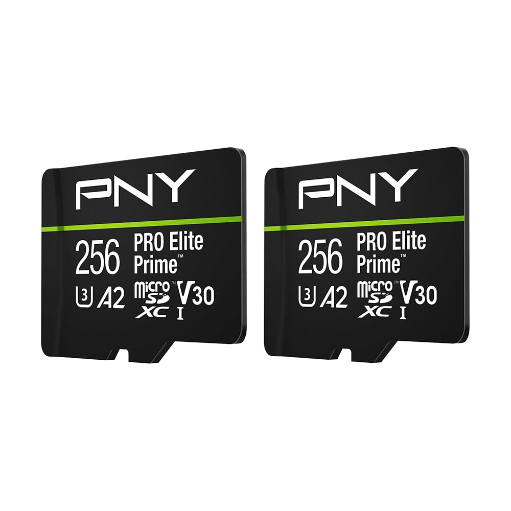 PNY 256GB PRO Elite Prime™ C10 U3 V30 A2 microSDXC Flash Memory Card – Ultra-Fast Speeds, Read 200MB/s, Write 150MB/s, 4K UHD, Full HD, UHS-I, for Smartphones, Drones, Action Cameras, 2-Pack