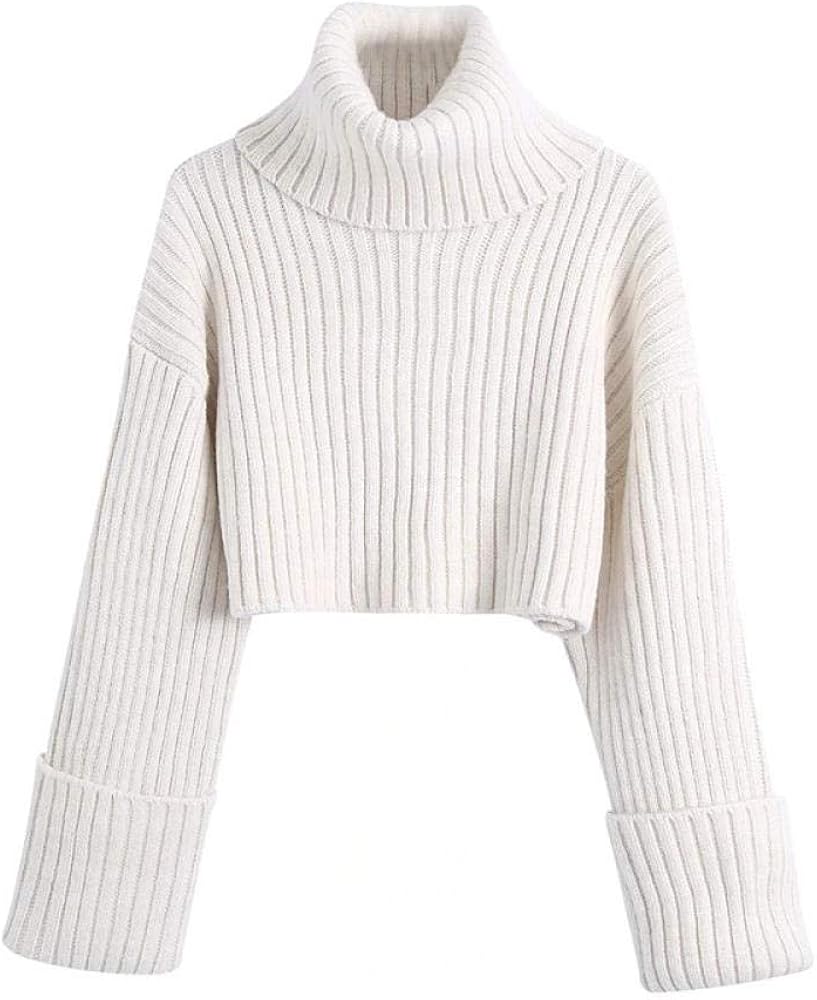 Suéter de Punto de Cuello Alto Recortado Acanalado Blanco para Mujer suéter de Invierno de Suéter de Punto de Cuello Alto Recortado Acanalado Blanco para Mujer suéter de Invierno de