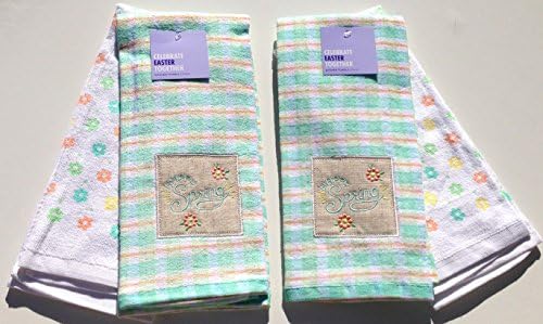 "Happy Spring" Plaid Embroidered Cotton Kitchen Bath Towels, Two Sets of (2).