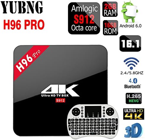 H96 PRO Android 6.0 2GB/16GB TV Box, Yubng Amlogic S912 Octa Core 4K 16.1 Fully Loaded Double WiFi 2.4G/5G Bluetooth 4.0 Streaming Media Player (H96 PRO 2GB/16GB + I8 Wireless Keyboard White)