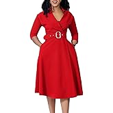Elainone Women’s 3/4 Sleeve Flared A Line Dress Wedding Guest Casual Semi Formal Office Lady Dresses with Belt