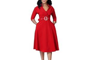 Elainone Women’s 3/4 Sleeve Flared A Line Dress Wedding Guest Casual Semi Formal Office Lady Dresses with Belt