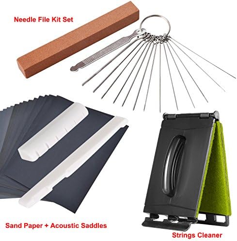 Guitar Bridge DIY Files Set, Bone Acoustic Guitar Saddle Nut &amp; 6 Sand Paper &amp; 13 Different Size Stainless Steel Needle Files &amp; Grinding Stone, Strings Cleaner