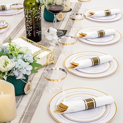 Beauenty 175 Piece Gold Plastic Dinnerware Set for 25 Guests,Elegant Disposable Dinnerware Set for Parties,Include:25 Dinner Plates,25 Dessert Plates,25 Pre Rolled Napkins with Cutlery Set,25 Cups