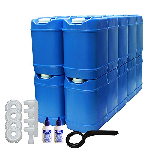 5-Gallon Stackable Water Container kit (100 Total Gallons), 20 Pack, Blue, BPA Free, High Density Polyetholene (HDPE) w/Built In Handle w/(2) Bottles of Water Preserver & 4 Additional Lids & 4 Spigots
