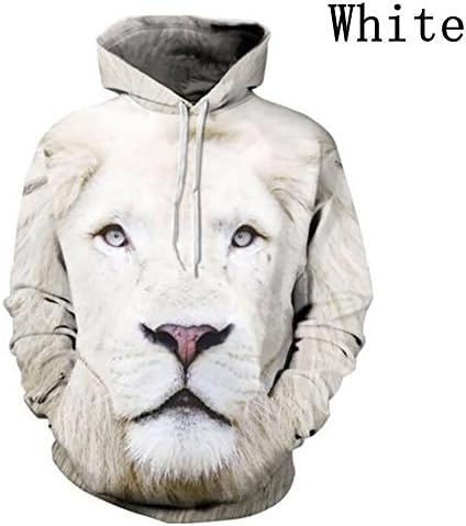 Kangwoo Unisex 3D Animal Print Pullover Hoodies with Kangaroo Pocket White Lion L