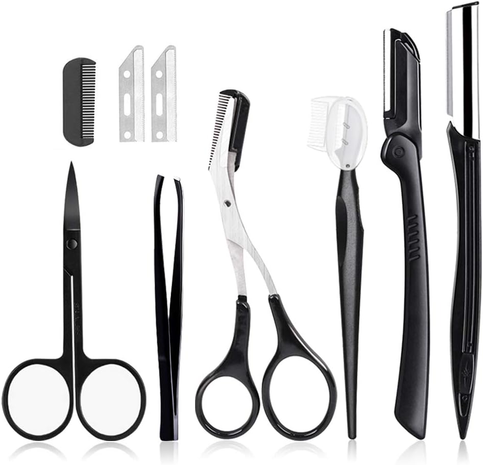 Eyebrow Kit 8 in 1 Eyebrow Scissors,Razor Eyebrow Pencil, Eyebrow Brush with Pink Leather Bag: Home Improvement