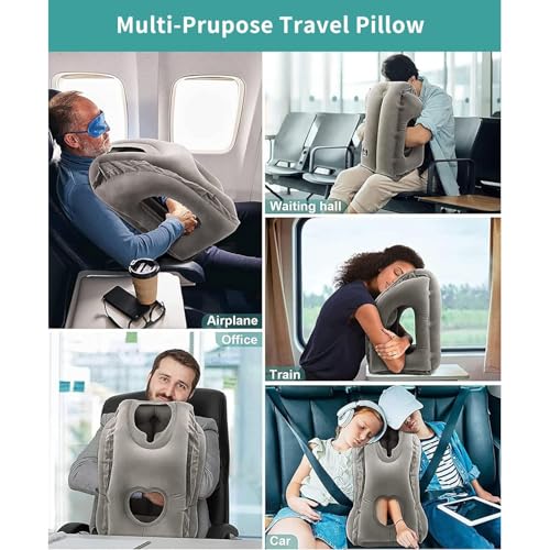 WAYAMY Almohada de Viaje Inflable, Almohada para Dormir en la Oficina, El Cuello con máscara de Ojos y Tapones para los oídos, Almohada Inflable para el Cuello Utilizada para Aviones