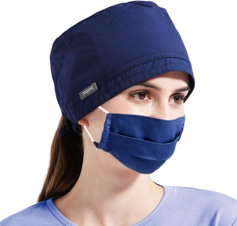Mwfus Surgical Scrub Cap and Reusable Mask Set, Adjustable Lace-up Nurse Doctor Hat Sweatband for Women/Men