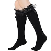 Sorcristy 2PCS Black Knee High Socks with Bow Trim, Elegant Over Calf Socks for Girls and Women, Lace Ruffle Trim Socks for School, Parties, and Daily Wear