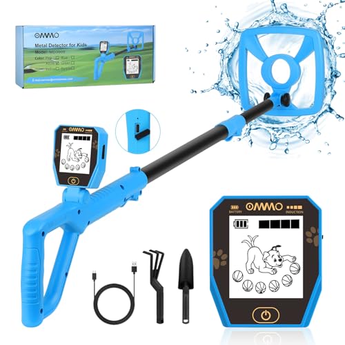 【Type-C】 Metal Detector for Children, OMMO Rechargeable Metal Detector with Fun LCD Screen, 72-100 cm Adjustable for Children, IP67 Light Metal Detectors, Outdoor Exploration (Blue)