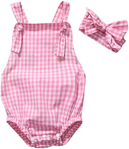 Toddler Baby Girl Plaid Cotton Suspenders Rompers Jumpsuit Headband (90(12-18M), Pink)