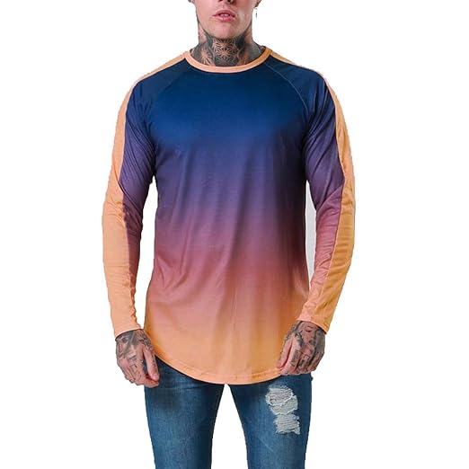 ZEELIY 2019 Männer Patchwork Farbverlauf Langarm Oansatz Top Bluse T-Shirt